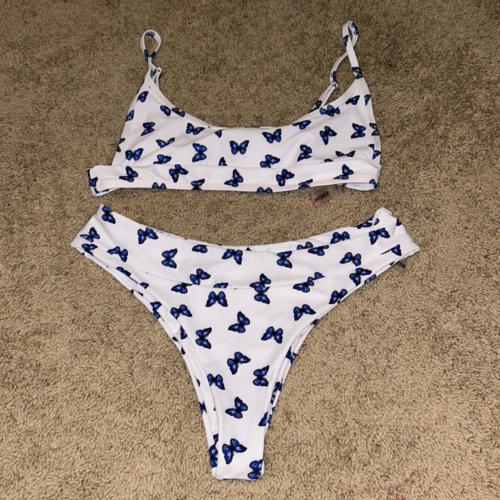 White & Blue Butterfly 2pc swimsuit